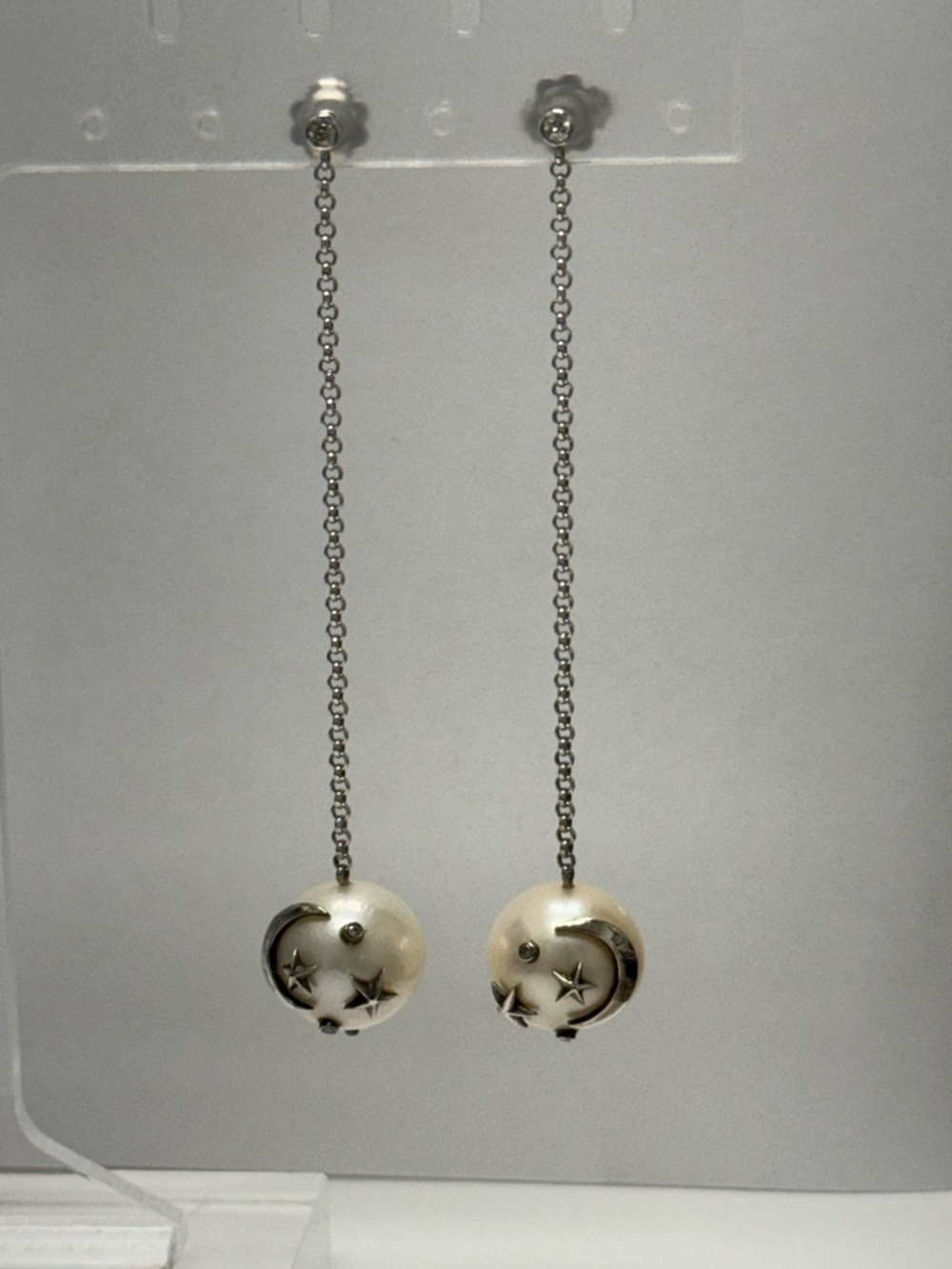 925 Silver Accents Moon & Stars Dangle Drop  Earrings - White Pearl Accent